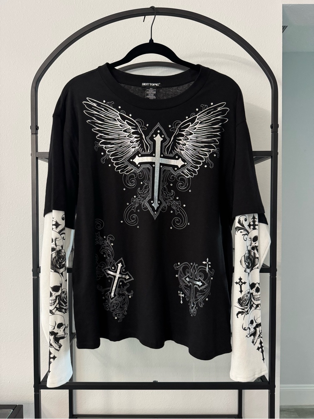 Hot Topic Black Graphic Cross Wing Layered Shirt